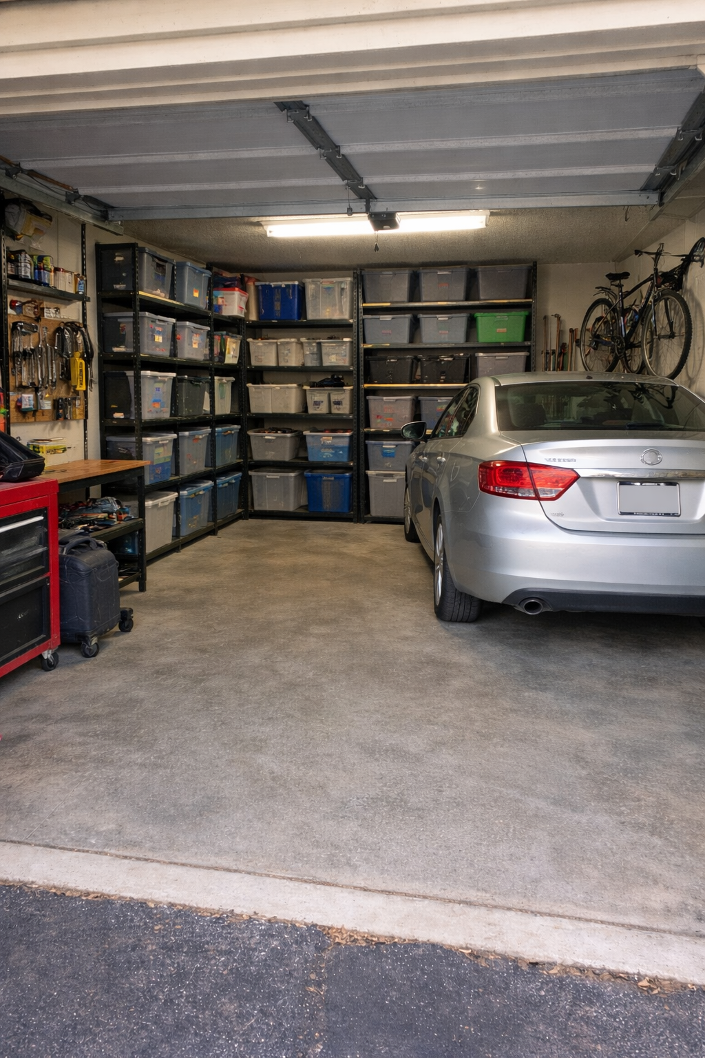 Clean organized garage with shelving, tools on wall, and car parked inside after Get Your Garage Back cleanout