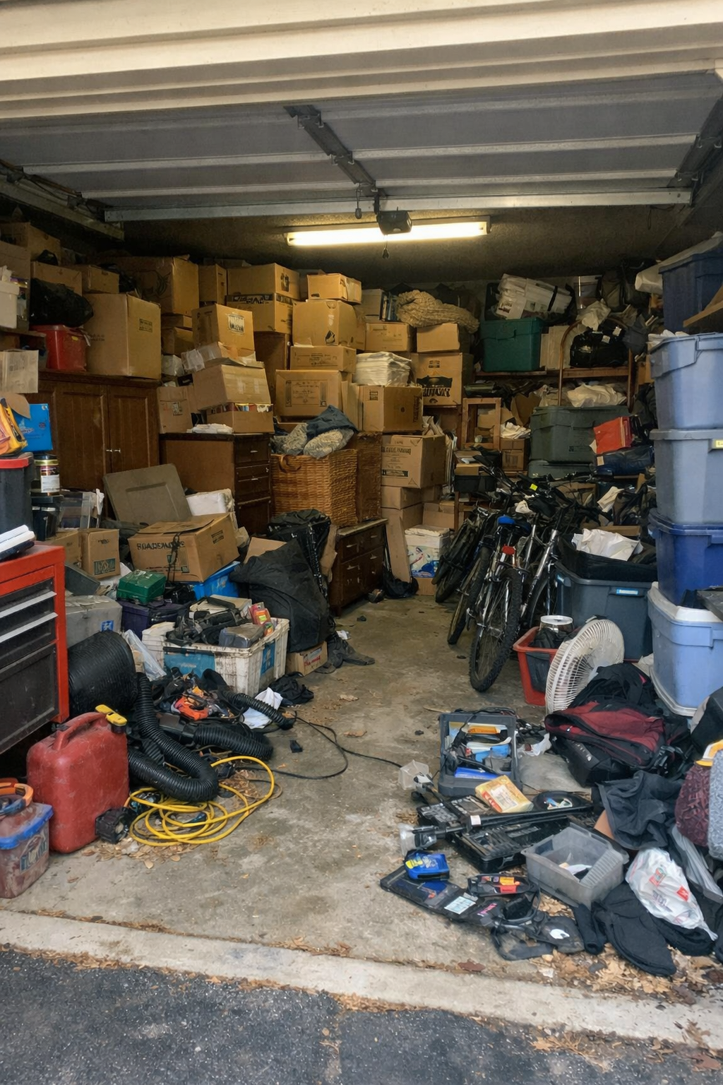 Cluttered garage packed with boxes, tools, and items before professional cleanout in Buda TX