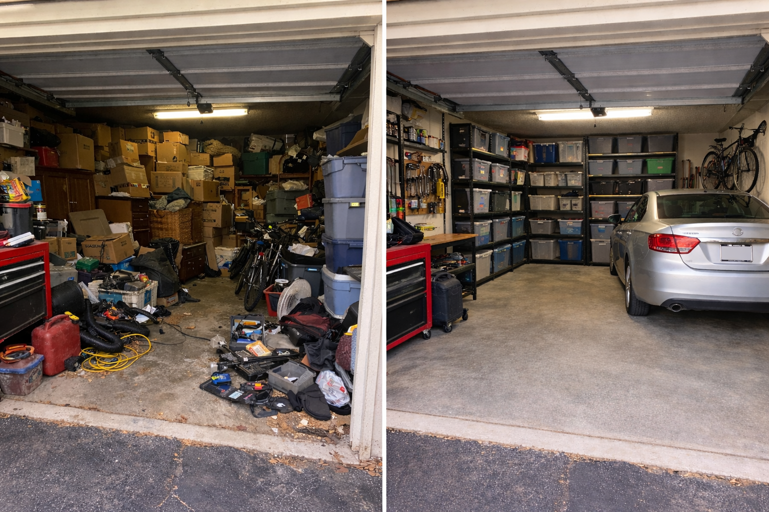Before and after garage cleanout transformation in South Austin — cluttered garage transformed to clean organized space in one day