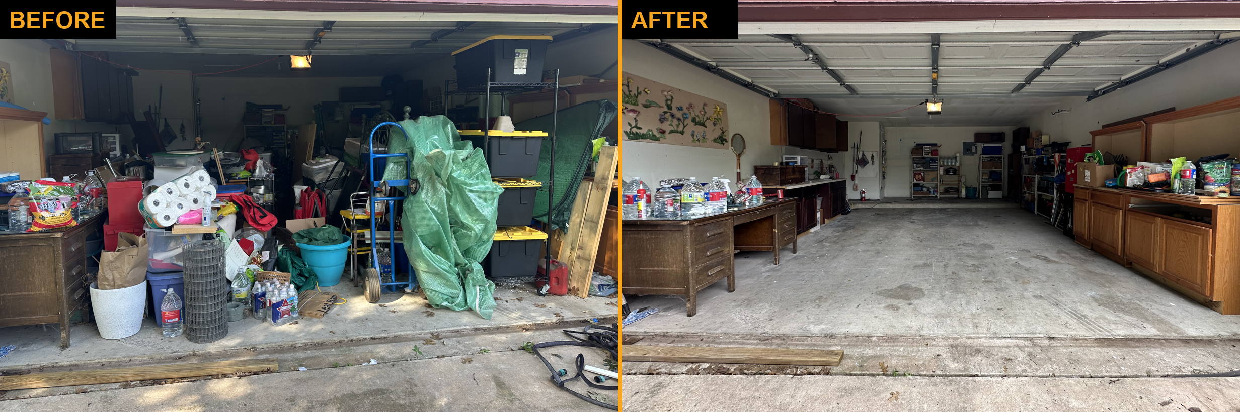 Real before and after garage cleanout in South Austin: a packed garage cleared to a clean, organized space in one day